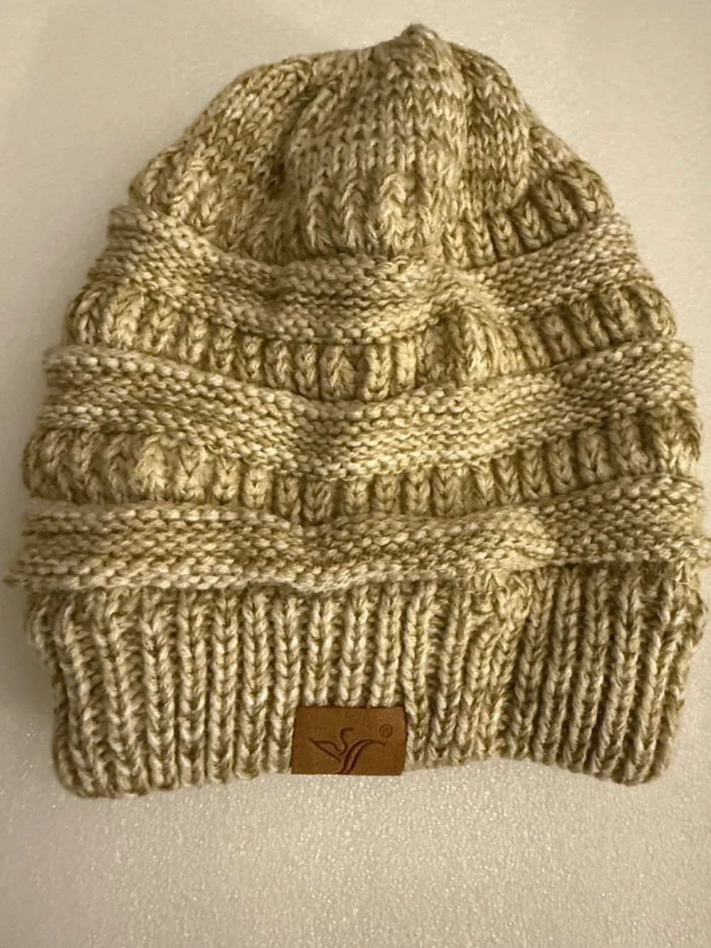 Beanie Tail Messy Bun Hat Knit Ponytail Beanie - Tan/Taupe